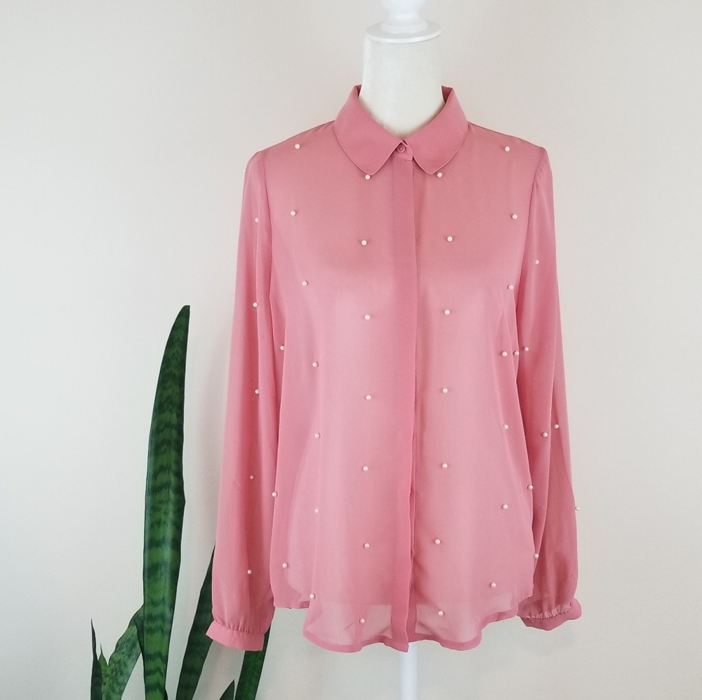 LC Lauren Conrad Pearl-Embellished Button-Up Shirt